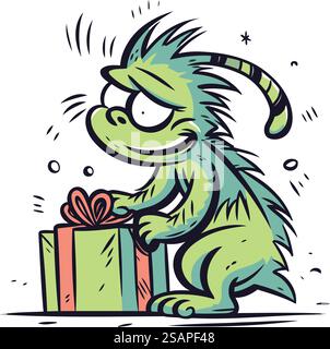 Monstre drôle de bande dessinée avec boîte cadeau. Illustration vectorielle dessinée à la main. Illustration de Vecteur