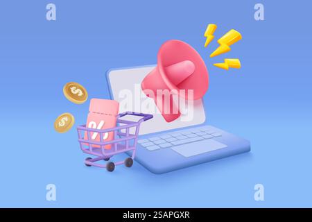 Achats 3D en ligne avec ordinateur portable, emballage d'expédition de produit, sac à provisions ou panier. Protection de paiement avec mot de passe sécurisé pour le concept de paiement en ligne. Icône de bloc-notes illustration de rendu vectoriel 3D. Illustration de Vecteur