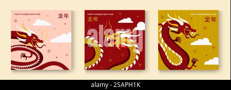 Nouvel an chinois 2024 année du dragon - dessins chinois traditionnels rouges avec des dragons. Concept lunaire du nouvel an, conception vectorielle moderne. Illustration de Vecteur