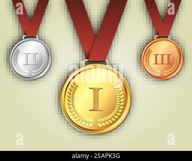 Médailles d'or en argent et en bronze sur rubans avec surfaces métalliques brillantes et chiffres romains pour un, deux et trois pour une victoire et un placement dans un concours de compétition sportive ou un défi d'affaires. Médailles d'or en argent et bronze sur rubans Illustration de Vecteur