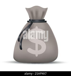 Sac plein d'argent comptant cordé avec une corde et des tas de pièces d'or. Concept bancaire icône réaliste de Moneybag avec signe de devise dollar. Isolé sur fond transparent blanc. Illustration vectorielle. Illustration de Vecteur