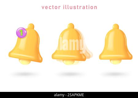 icône de cloche de notification 3d. 3d rendu sonnerie jaune avec nouvelle notification pour rappel de médias sociaux. Icône vectorielle réaliste Illustration de Vecteur