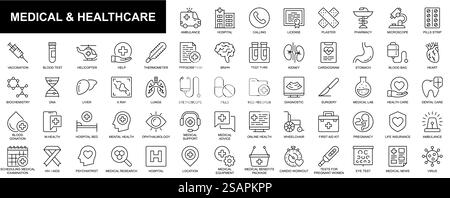 Icônes Web médicales et de soins de santé définies dans la conception de lignes fines. Pack d'ambulance, hôpital, appel, permis, pharmacie, microscope, vaccination, aide, soins de santé, autre. Pictogrammes vectoriels de contour Illustration de Vecteur