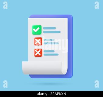 Liste de contrôle sur papier presse-papiers 3D. Documentez les questions abstraites sous forme de test avec des coches et des bandes. Icône liste de contrôle Annuler et approuver. Presse-papiers et coches. illustration vectorielle.. Presse-papiers et coches Illustration de Vecteur