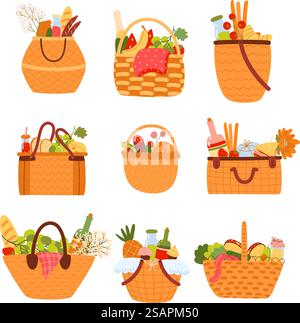 Paniers pique-nique. Différents sacs en osier avec des aliments, dîner familial et romantique en plein air, petit déjeuner sur l'herbe du parc, récipients en rotin avec des fruits, des collations et des boissons, ensemble isolé plat de dessin animé vectoriel. Paniers pique-nique. Différents sacs en osier avec des aliments, dîner familial et romantique en plein air, petit déjeuner sur l'herbe du parc, récipients en rotin avec des fruits, des collations et des boissons, ensemble isolé de vecteur Illustration de Vecteur