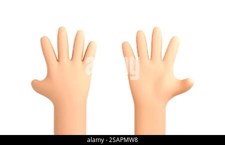 Mains de dessin animé 3D montrant cinq doigts sur fond blanc. Main avec geste de paume ouvert. Mains agitant ou montrant cinq en hauteur. Illustration vectorielle 3D. Illustration de Vecteur