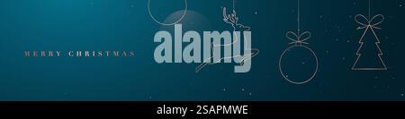 Bannière de Noël horizontale avec jouets suspendus minimalistes du nouvel an - cerf, arbre de Noël, boules sur fond vert foncé. Bannière d'invitation de luxe. Illustration de Vecteur