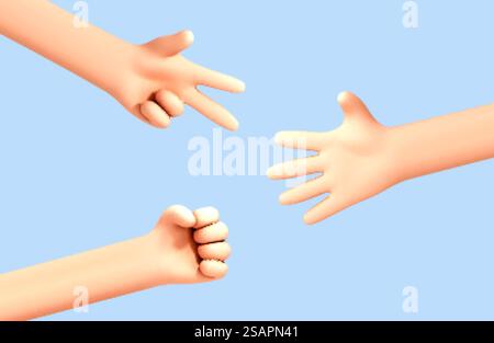 Gestes de la main de dessin animé 3D. Les mains de dessin animé vectoriel jouent au jeu de ciseaux en papier de roche. Procede de jeu manuel de ciseaux en papier roche. Illustration de Vecteur