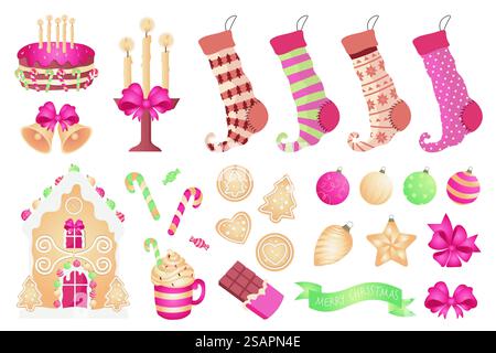 Noël attribue des éléments méga ensemble dans un design plat. Paquet de gâteau, bougies, chaussettes, cloches, biscuits de pain d'épices, maison, tasse de cacao, boules de jouet et autres. Illustration vectorielle d'objets graphiques isolés Illustration de Vecteur