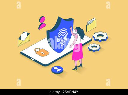 Concept de cybersécurité en conception isométrique 3D. Femme scannant l'empreinte digitale pour un accès et une authentification sécurisés, protection des données Internet. Illustration vectorielle avec scène de personnes isométriques pour graphique web Illustration de Vecteur