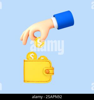 Main de dessin animé 3D mettant la pièce dans le portefeuille isolé sur fond bleu. Illustration vectorielle 3D. Illustration de Vecteur