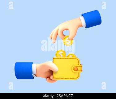 Main de dessin animé 3D mettant la pièce dans le portefeuille isolé sur fond bleu. Illustration vectorielle 3D. Illustration de Vecteur