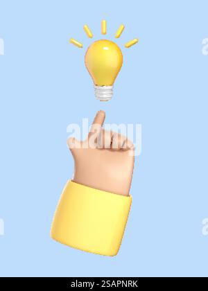 Pointer le doigt sur l'ampoule. Concept de grande idée. Pensée, bonne idée et concept créatif de réussite commerciale. Illustration vectorielle 3D. Illustration de Vecteur