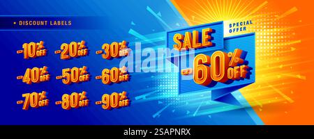 Abstrait triangle bleu Splash offre de vente conception d'étiquettes de réduction, vente et étiquettes de réduction, police condensée, collection d'étiquettes de réduction avec pourcentage défini, 50%, 60%, promotion de vente de 70%. Prix hors étiquette Illustration de Vecteur