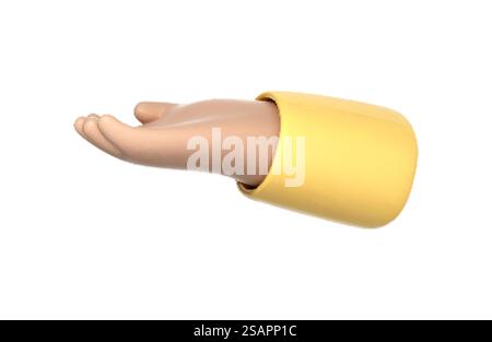 Faire un geste de la main avec la paume vide ouverte. Icône avec le bras humain de dessin animé 3D tenant, offrant ou montrant quelque chose. Signe d'assistance, de présentation ou de mendicité. Illustration vectorielle 3D. Illustration de Vecteur