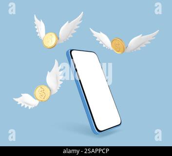 Smartphone 3D et pièces d'or avec des ailes blanches sur fond bleu. Concept de gains en ligne. Illustration vectorielle Illustration de Vecteur