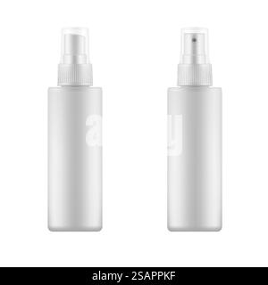 Jeu de flacons pulvérisateurs blancs. Maquette, emballage cosmétique. Modèle vectoriel pour la publicité, les produits cosmétiques ou les produits chimiques ménagers. Jeu de flacons pulvérisateurs blancs. Illustration de Vecteur