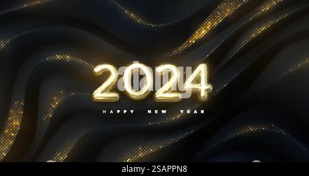 Numéros d'or 2024 sur fond géométrique noir avec des paillettes. Bonne année 2024. Illustration vectorielle de vacances. Bannière d'événement festif. Toile de fond topographique ondulée.. Numéros d'or 2024 sur fond noir Illustration de Vecteur