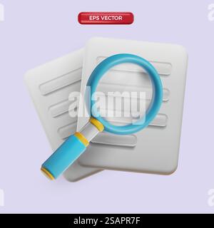 Icône 3D recherchant le maillage vectoriel de style de rendu de dessin animé de deux documents blancs Illustration de Vecteur