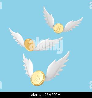 Pièces d'or 3D avec des ailes isolées sur fond bleu. Voler de l'argent doré. Concept d'entreprise, boutique en ligne, finance, banque. Perte d'argent. Concept économique. Illustration vectorielle 3D. Illustration de Vecteur