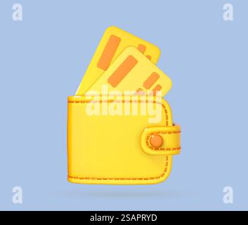 Cartes de crédit de dessin animé 3D dans le portefeuille. Concept de paiement en ligne. Cartes de crédit pour le paiement sans espèces. Concept d'utilisation des paiements sans espèces. Illustration vectorielle 3D. Illustration de Vecteur