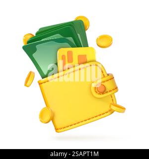 Portefeuille de dessin animé 3D avec billets de banque et pièces de monnaie en dollars. Argent liquide dans un sac à main. Concept d'économie d'argent. Investissement financier des entreprises. Paiement en ligne et cashback. Illustration vectorielle 3D. Illustration de Vecteur