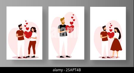 Ensemble de modèles de maquettes créatives de médias sociaux mettant en vedette des couples et des coeurs pour l'engagement et des messages sur le thème de la Saint-Valentin Illustration de Vecteur