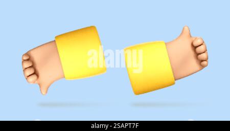 Main de dessin animé 3D avec geste de pouce haut et bas. Concept de signes de vote ou de notation. Illustration vectorielle 3D. Illustration de Vecteur