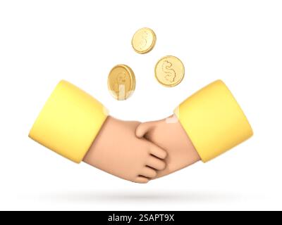 Poignée de main professionnelle et pièces d'or. Partenariat d'affaires, coopération efficace et bénéfique, conclusion d'accord, concept d'accord. Illustration vectorielle 3D. Illustration de Vecteur