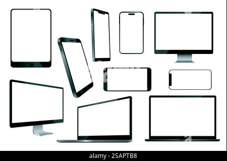 Appareils et gadgets Mega Set dans un design réaliste 3D. Regroupez des éléments de tablettes, smartphones, ordinateurs, téléviseurs, ordinateurs portables avec des écrans blancs vides. Illustration vectorielle d'objets graphiques isolés Illustration de Vecteur