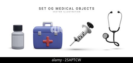 Ensemble d'objets médicaux réalistes 3d isolés sur fond blanc. Illustration vectorielle. Illustration de Vecteur