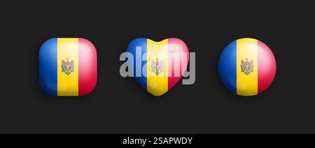 Moldavie drapeau national officiel 3D vecteur icônes brillantes en carré arrondi, coeur et forme de cercle isolent sur fond. Moldave signe et symboles éléments de conception graphique Collection de boutons volumétriques. Moldavie drapeau national officiel 3D vecteur brillant icône isoler sur fond noir Illustration de Vecteur