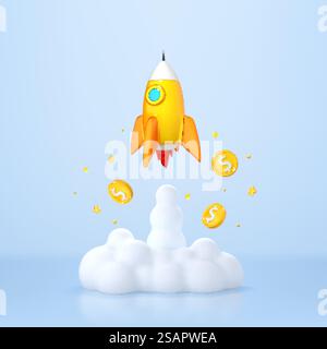Lancement de fusée avec de la fumée et des pièces volantes en dollars. Concept de démarrage d'entreprise. Illustration vectorielle 3D. Illustration de Vecteur