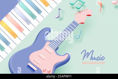 Guitare électrique avec notes de musique, chanson, mélodie ou mélodie icône vectorielle réaliste 3d pour les applications musicales et les sites Web illustration vectorielle de fond Illustration de Vecteur