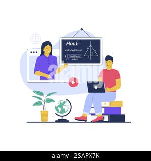 Vecteur de l'homme apprenant les mathématiques dans la classe en ligne. Illustration vectorielle plate isolée sur fond blanc Illustration de Vecteur
