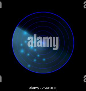 Radar isolé sur fond sombre. Système de recherche militaire. Affichage radar HUD. Illustration vectorielle. Illustration de Vecteur