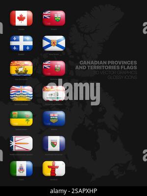 Tous les drapeaux officiels des provinces et territoires du Canada 3D vectoriel arrondi icônes brillantes ensemble isolé sur fond. Canada affiches de pays vives couleurs vives boutons gonflants Design Elements Collection. Tous les drapeaux officiels des provinces et territoires canadiens ensemble d'icônes brillantes arrondies vectorielles isolées 3D. Illustration de Vecteur