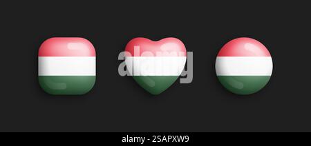 Drapeau national officiel de la Hongrie icônes brillantes vectorielles 3D en carré arrondi, coeur et forme de cercle isolent sur fond. Signes hongrois et symboles éléments de conception graphique Collection de boutons volumétriques. Hongrie drapeau national officiel 3D vecteur brillant icône isoler sur fond noir Illustration de Vecteur