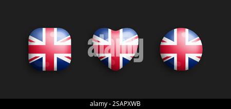 Royaume-Uni drapeau national officiel 3D vecteur icônes brillantes en forme de carré arrondi, coeur et cercle isolé sur fond. UK Sign and Symbols Graphic Design Elements Volumetric Buttons Collection. Royaume-Uni drapeau national officiel 3D vecteur brillant icônes isolent sur noir Illustration de Vecteur
