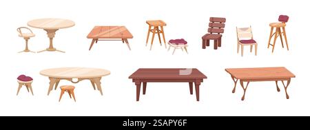 Meubles en bois. Tables de dessins animés et chaises pour salle à manger et patio extérieur. Tables antiques et modernes en bois naturel. Tabourets de bar. Eléments intérieurs isolés sur blanc. Ensemble de menuiserie de maison de vecteur. Meubles en bois. Tables de dessins animés et chaises pour salle à manger et patio extérieur. Tables antiques et modernes en bois. Tabourets de bar. Eléments intérieurs sur blanc. Ensemble de menuiserie de maison de vecteur Illustration de Vecteur