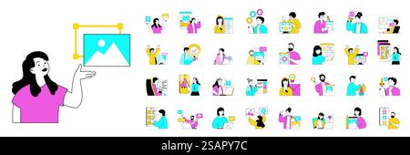Concept de conception et de développement avec des situations de personnes Mega Set dans la conception de web plat. Regroupez des scènes de conception graphique et de codage. Illustrations vectorielles pour bannière de médias sociaux, matériel marketing. Illustration de Vecteur