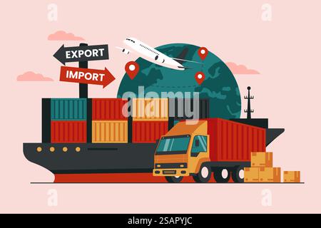 Concept d'illustration de service de distribution logistique globale. Concept d'entreprise logistique d'exportation et d'importation de fret. Illustration vectorielle à plat Illustration de Vecteur