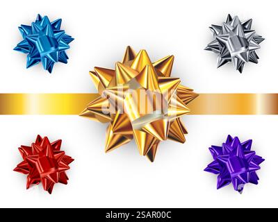 Ensemble d'arcs vectoriels brillants réalistes isolés sur fond blanc. Noeuds cadeaux dorés, argentés, violets, rouges, bleus pour les cartes, la présentation, la saint-valentin, noël et les illustrations d'anniversaire. Vue de dessus. Illustration de Vecteur