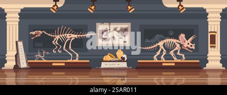 Intérieur du musée. Exposition paléontologique avec squelette de dinosaure ancien préhistorique. Fossiles de Dino et découvertes archéologiques. Artefacts historiques et des culs sur des piédestaux. Salle de science vectorielle. Intérieur du musée. Exposition paléontologique avec squelette de dinosaure préhistorique. Fossiles et découvertes archéologiques. Artefacts historiques et des culs sur des piédestaux. Salle de science vectorielle Illustration de Vecteur
