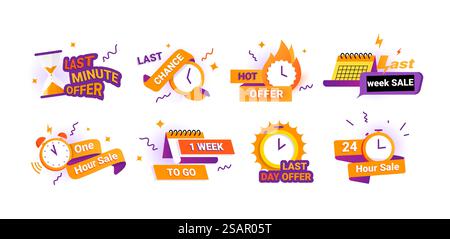 Bannières de compte à rebours. Autocollants d'offre spéciale limitée. Comptez les jours et les heures jusqu'à la fin de la promotion. Affiches de rabais minimal avec horloges ou calendriers et rubans pour le lettrage. Jeu de badges de vente chaude de vecteur. Bannières de compte à rebours. Autocollants d'offre spéciale limitée. Comptez les jours et les heures jusqu'à la fin de la promotion. Enseignes de rabais avec horloges ou calendriers et rubans pour le lettrage. Jeu de badges de vente de vecteur Illustration de Vecteur