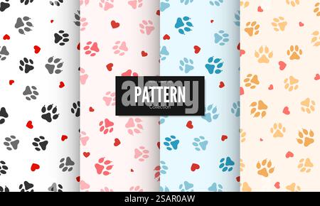 Ensemble de Paw Print texture sans couture. Motifs textiles empreintes de chat avec des coeurs. Empreinte Cat sans couture. Illustration vectorielle. Illustration de Vecteur
