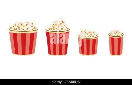 Seaux à maïs soufflé. Grandes tailles moyennes et petites portions de collations de film. Filmez de la malbouffe dans des boîtes de papier rayé. Modèle de repas de cinéma isolé. Conteneurs de vecteur plein de maïs sucré ou salé. Seaux à maïs soufflé. Grandes tailles moyennes et petites portions de collations de film. Filmez la première malbouffe dans des boîtes en papier. Repas de cinéma isolé. Conteneurs de vecteur plein de maïs sucré ou salé Illustration de Vecteur