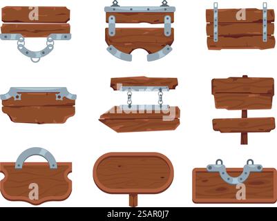 Planche de bois. Panneaux de dessin animé. Planches de bois franc suspendues à des chaînes métalliques. Panneaux de signalisation routière isolés et indicateurs d'information vierges. Ensemble de panneaux d'affichage bruns vides rustiques. Bannières de conseils vectoriels. Planche de bois. Panneaux de dessin animé. Planches de bois franc suspendues à des chaînes métalliques. Panneaux de signalisation routière et pointeurs d'information vierges. Ensemble de panneaux d'affichage vides rustiques. Bannières de conseils vectoriels Illustration de Vecteur