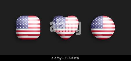 Drapeau national officiel des États-Unis icônes brillantes vectorielles 3D dans des formes carrées arrondies, de coeur et de cercle isolent sur fond. United States Sign and Symbols Graphic Design Elements Volumetric Buttons Collection. Drapeau national officiel des États-Unis 3D Vector Glossy icônes isolent sur fond noir Illustration de Vecteur