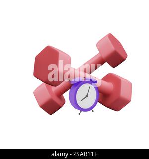 haltères 3d réalistes avec réveil sur fond blanc isolé. Concevez le temps de bannière pour changer votre corps. Concept Time to Fitness. Illustration vectorielle. Illustration de Vecteur